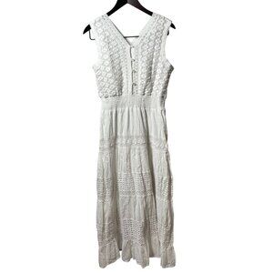 Womens SZ S Sleeveless White Lace Maxi Dress With Button Details & Smocked Waist